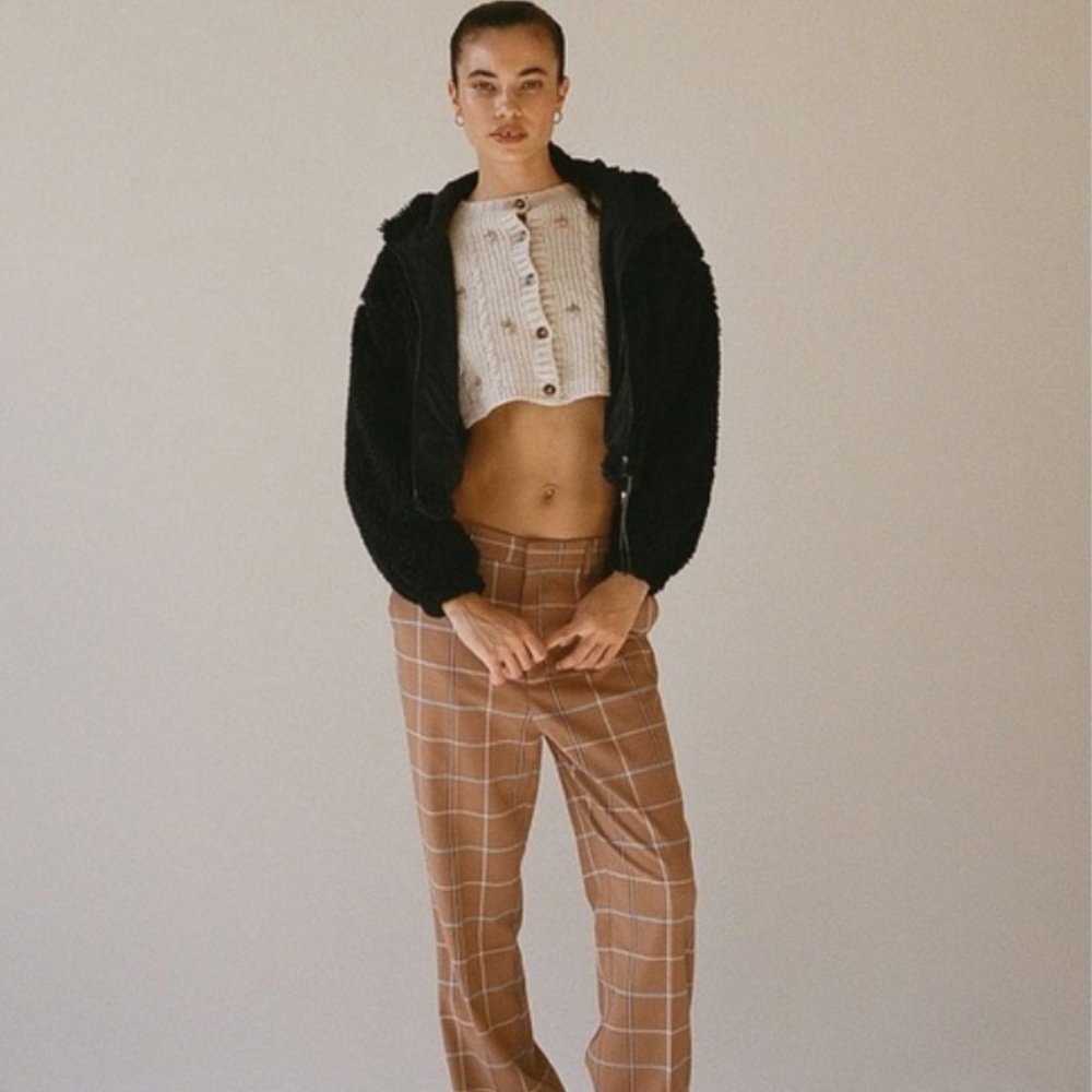 UO BDG black cropped hooded zip up teddy jacket